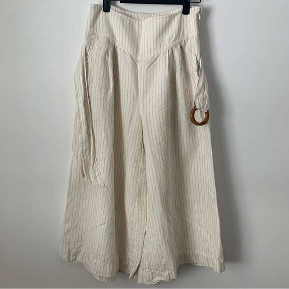 Anthropologie Palm Beach Linen Blend Wide Leg Crop Cream Pinstripe Belted Pant - Picture 11 of 16